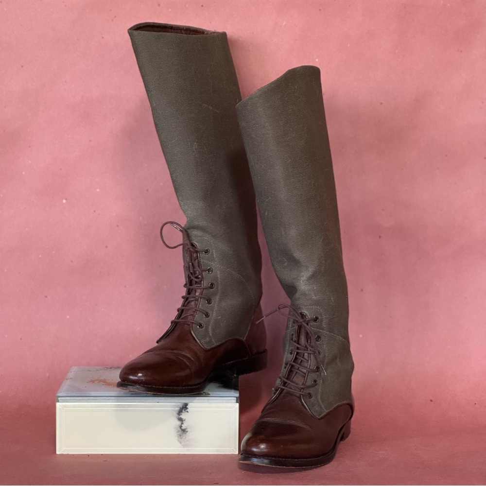 VTG Cole Haan Tan Brown Leather Linen Colorblock Two Tone Lace Up Boots